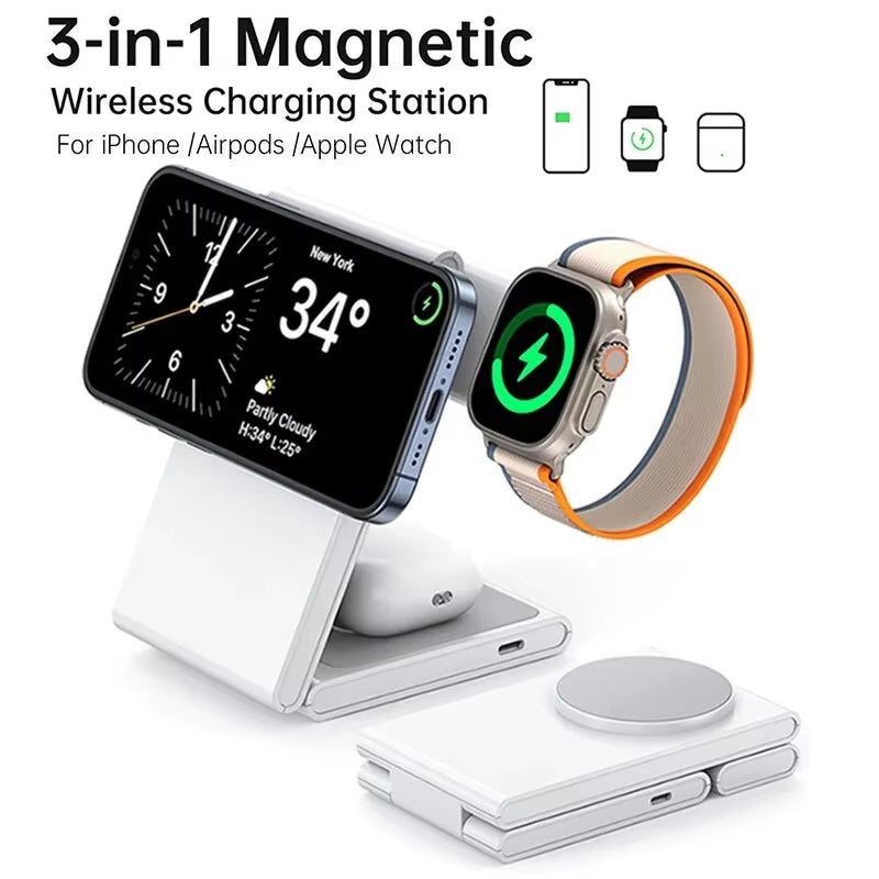 3 in 1 Foldable Wireless Charger Fast Charging Station for Iphone 15 14 Holder Magnetic Charger Stand Dock for Apple Watch S8/7