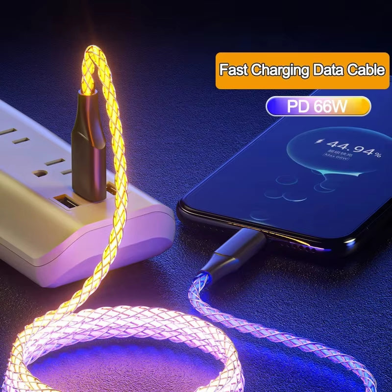 6A Fast Charging RGB Breathing Luminous Gradient Light Data Cable 66W TYPE-C Charger for Iphone 15 Pro Huawei Samsung Data Cable