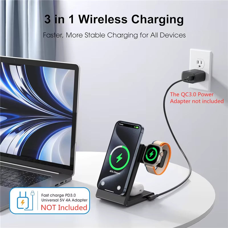 3 in 1 Foldable Wireless Charger Fast Charging Station for Iphone 15 14 Holder Magnetic Charger Stand Dock for Apple Watch S8/7