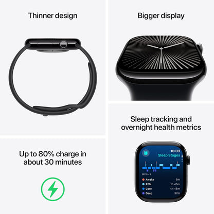 Apple Watch Series 10 Smartwatch with Jet Black Aluminium Case - M/L. Fitness Tracker, ECG App, Always-On Retina Display, Water Resistant