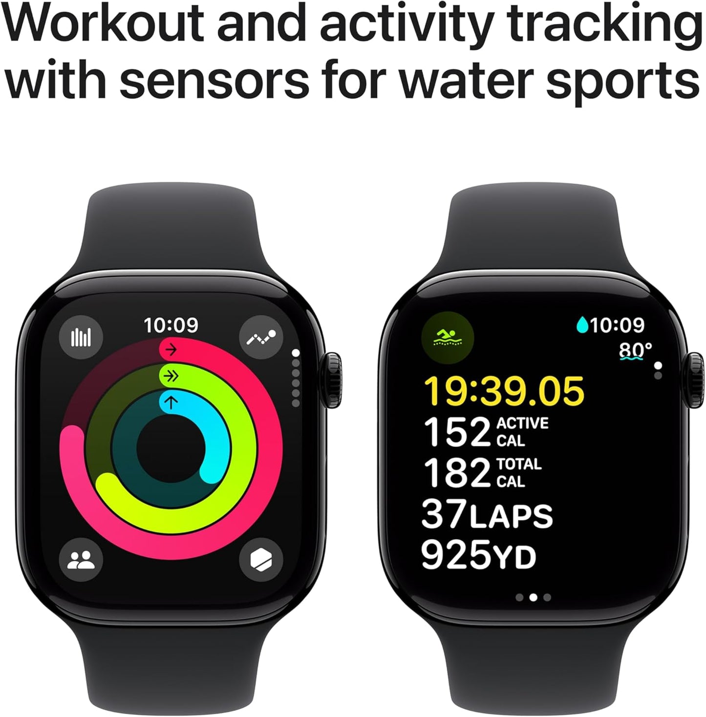 Apple Watch Series 10 Smartwatch with Jet Black Aluminium Case - M/L. Fitness Tracker, ECG App, Always-On Retina Display, Water Resistant