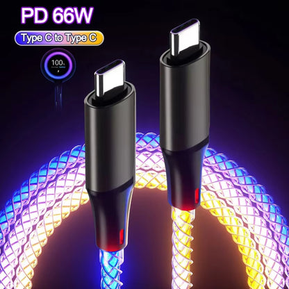 6A Fast Charging RGB Breathing Luminous Gradient Light Data Cable 66W TYPE-C Charger for Iphone 15 Pro Huawei Samsung Data Cable