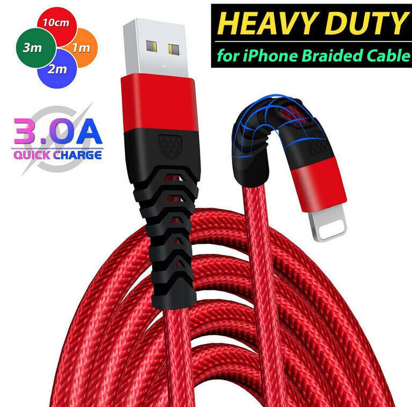 Heavyduty Braided Long USB Fast Charger Cable Lead for Iphone 14 13 12 11 X 7 8